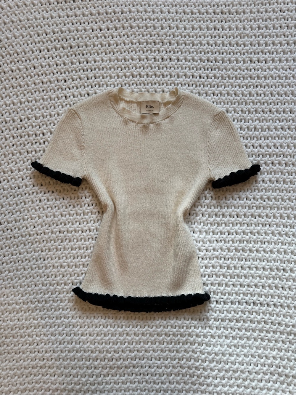 Tahari Cream Ruffle-Trim Knit Top - Picture 3 of 6